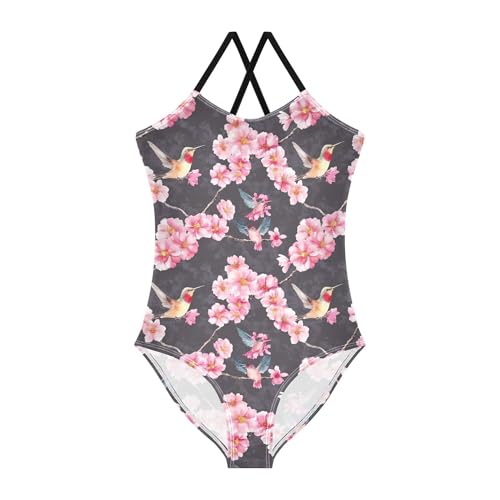 Yuiboo Toddler Girl Swimsuit 1-Piecing Toddler Bathing Suit Girl Toddler Girl Swim Suit Girls' Swimwear Seamless Watercolor Cherry Blossoms and Hummingbi