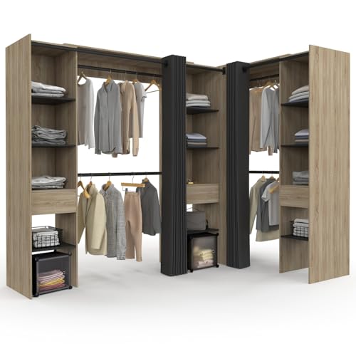 IDMarket - Dressing Extensible d'angle Marlon 230 x 140 x 180 cm cm hêtre avec penderies + étagères + Rideaux Noirs