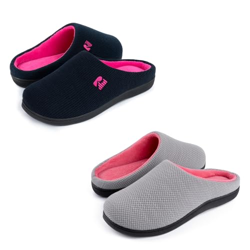 RockDove Set of 2 Pairs - Women's Size 7-8, Original Two-Tone Memory Foam Slipper (Dark Navy) Birdseye Knit Memory Foam Slipper (Grey/Pink)