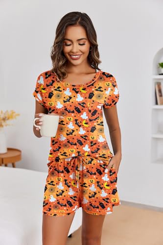 Image of Ekouaer Womens Pajama Sets 2 Piece Soft Short Sleeve Top and Shorts Sleepwear Round Neck Pjs Lounge Set with Pockets Halloween Print Medium