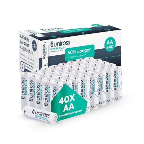 Uniross Lot de 40 Piles AA LR6 Alcalines 1.5V,Piles AA LR6 Haute Performance 7 Ans de Conservation, Piles AA jetables pour Jouet Manette, Réveil, Télécommande, Clavier Souris et Produits numériques