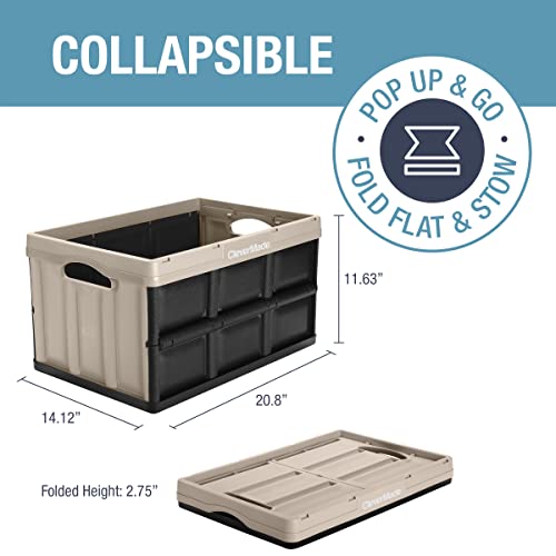 Clevermade 46L Collapsible Storage Bins (3 Pack, Tan) No Lid-Stackable Storage Containers For Organizing, Toy Storage, Garage Storage, 18.6"X 13.75"X9.25" Plastic Storage Bins, Each Hold 66Lbs #TOP1