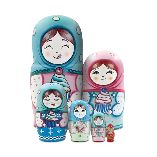 Set of 6 Girl with Ice Cream Russian Nesting Dolls,Hand Painted Cute Girl Matryoshka Dolls Kids Stacking Toy Colorful Bandana Girls Wooden Doll for...
