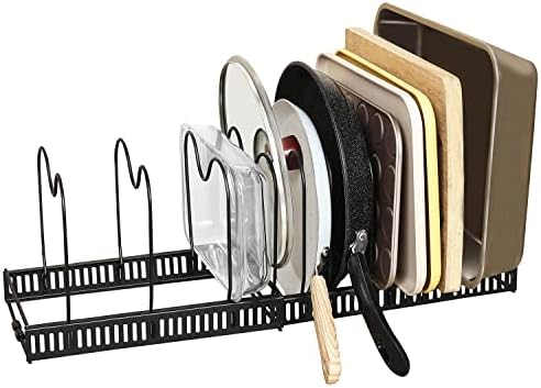 Mlesi Expandable Pot and Pan Organizer Rack, 12+ Pot Lid Organizer Holder, Bakeware Adjustable Rack, Kitchen Cabinet Organizer for Bakeware Cutting Boards, Black