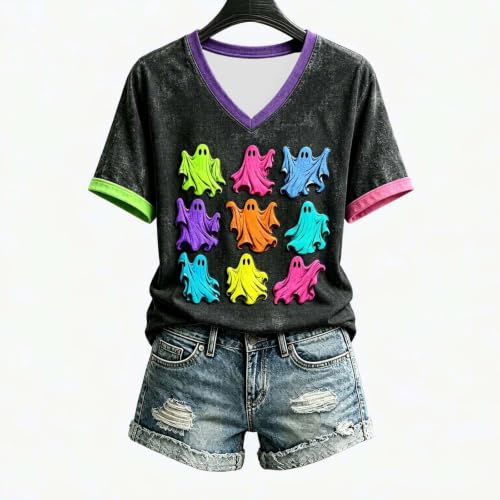 Halloween Shirts for Women Leopard Boo Ghost Short Sleeve V Neck Tshirt - image 4