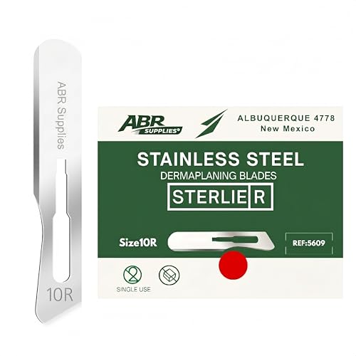 ABR Supplies 10R Dermaplane Blade Stainless Steel Surgical Scalpel Blades Individually Wrapped Professional & Home Use 100 Count Box