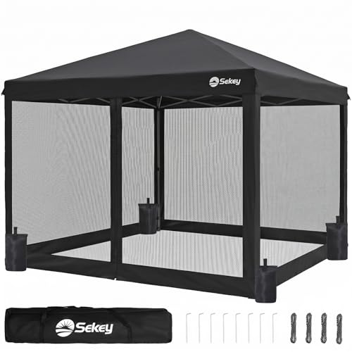 Sekey Pop Up Pavillon 3x3m Wasserdicht Stabil Winterfest mit moskitonetz Höhenverstellbar Gartenpavillon mit 4 Seitenwänden Faltpavillon 3x3 mit 4 Sandsäcke (Schwarz-Insektenschutz)