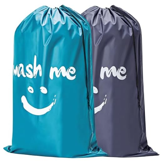 HOMEST 2 Pack XL Wash Me Travel Laundry Bag, Machine Washable Dirty Clothes Organizer, Large Enough to Hold 4 Loads of Laundry, Easy Fit a Laundry Hamper or Basket, Light Blue and Grey