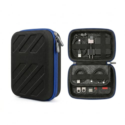 Image of BonKaso Tech Organizer Pouch Hard Shell - Travel Electronics Accessories Case for Charger, USB Cable, Power Bank, Earphones & Hard Drive | Compact EVA Storage Bag - Black & Blue