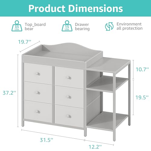 Image of BOLUO Baby Dresser with Changing Table Top, Gray Changing Table Dresser with 6 Fabric Drawers Diaper Changing Station with Storage Shelf for Nursery Modern