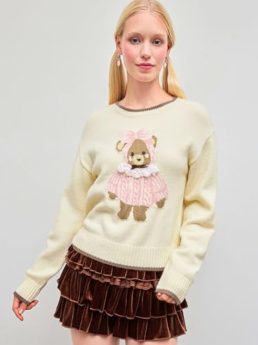 Image of CIDER Women's Fall Sweaters Long Sleeve Cute Sweaters Bear Graphic Crewneck Soft Knit Casual Cropped Pullover