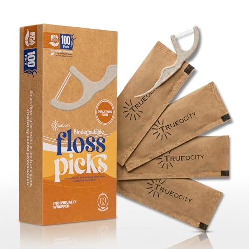 Trueocity Natural Floss Biodegradable Floss Picks 100ct Double flossers for Adults Individually Wrapped flossers Double Thread Strong Unflavored BPA Free Fluoride Free Eco Friendly