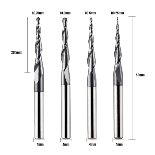 4 Stück 2 Flöten Kugelkopffräser mit Konischer Spitze Fräser CNC Gravierfräser R0,25mm-1,0mm 4mm Schaft Vollhartmetallfräser für Oberfräse mit TiAlN Beschichtung für 2D 3D Gravur