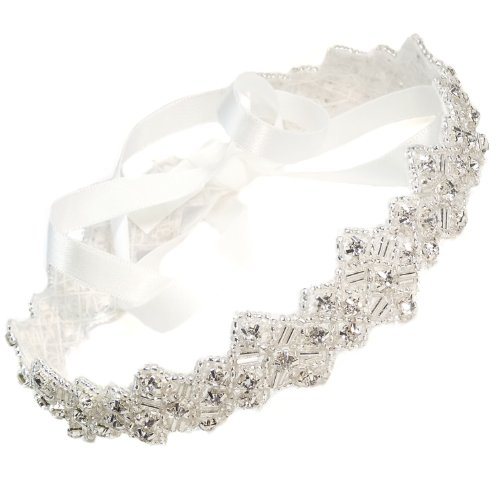 Crystals Headband with White Satin Ribbon Bridal Wedding Rhinestone Headpiece Hair Accessory for Women