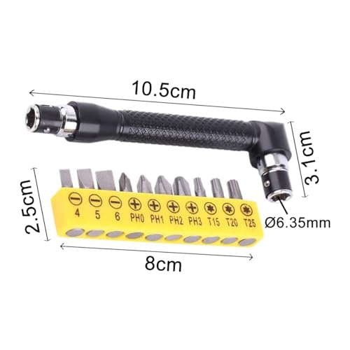 Wirepool Double-Headed L-Shaped Socket Wrench Extension Handle Screwdriver With 1/4'' Hex Shank 90 Degree Right Angle Adapter + 10 Bits (1) - Image 2