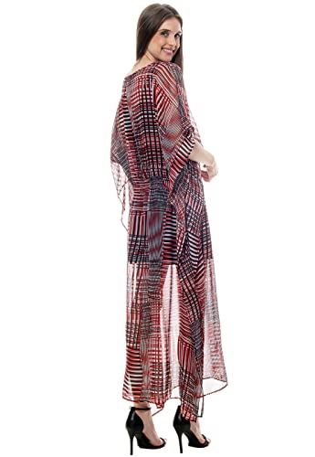 Saida de Praia Kaftan Vestido Longo Bata Crepe Estampado Vermelho-Escuro Tamanho Único