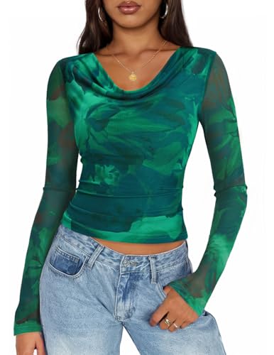 ZESICA Womens Floral Mesh Long Sleeve Tops 2025 Fall Cowl Neck Slim Fit Going Out Y2k Shirts Trendy Date Night Outfits