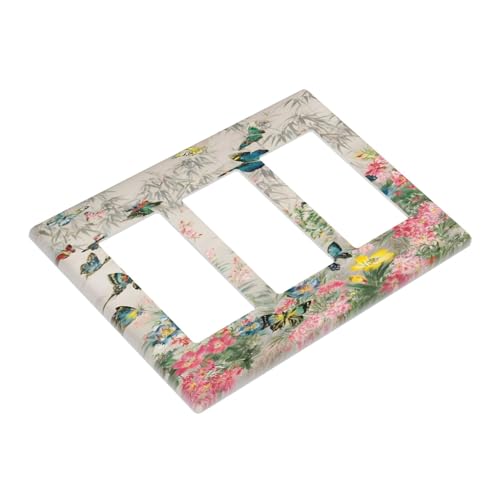Decorative Outlet Covers Boho Wildflowers Butterfly Rustic Blue Pink Flowers 3 Gang Wall Plate Triple Rocker Light Switch Cover Plate Jumbo Electrical GFCI Faceplate for Country Home Decor