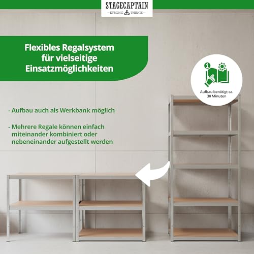 Miniatura 7 de Stagecaptain Heavyrack Hr-175 Sr Juego De 4 Estanterías Metálicas - Estanteria Almacenaje De Cargas Pesadas De 875 Kg Max. - Estante Almacenamiento - 5 Baldas Multiusos - Plata