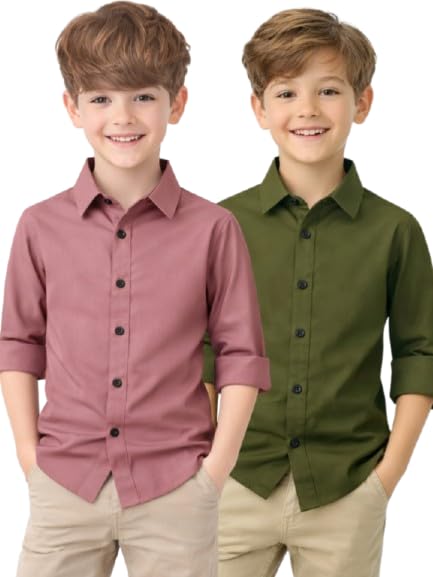 Image of YYQ Pack of 2 Boys Solid Cotton Blend Shirts - Full Sleeve Casual, Soft & Comfortable Spread Collar Shirts for Boys