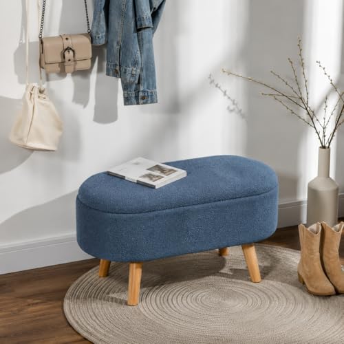 Image of Upholstered Ottoman Storage Bench, Premium Boucle Fabric, Heavy Duty 120 Kg Load Capacity, Multipurpose Seating for Living Room & Bedroom, Dusty Blue
