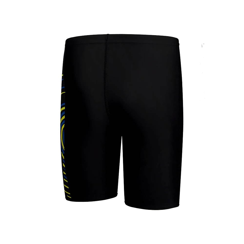Speedo Jungen Plastisol Schwimmhose mit Print | Wettkampf-Schwimmkleidung | Verstellbarer Sitz Schwimmbekleidung, Schwarz/Blau, 44/21