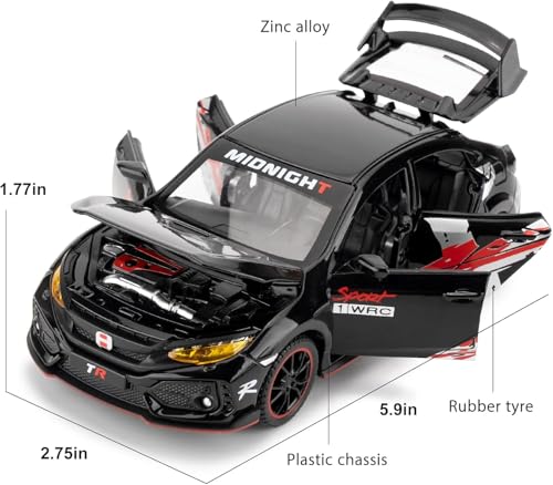 Image of 1:32 Civic Type R Toy Car Metal Diecast Pull Back with Sound Light & Openable Doors Kids Gifts Collectible Car Model Durable Toy for Boys & Girls (Black)