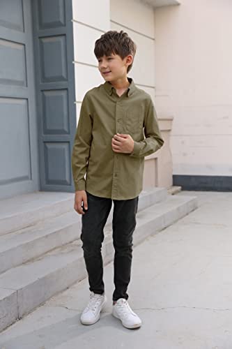 Boys' Long Sleeve Dress Shirts Classic Collared Button-Down Tshirt Solid Cotton Top With Chest Pocket Army Green #TOP3