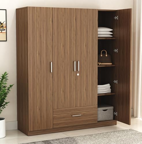 Image of DesignFit Engineered Wood 4-Door Wardrobe for Bedroom | Wooden Almirah with 1 Hanging Rod, 2 Drawers & 8 Shelves | Clothes Cupboard Storage Cabinet Furniture (Walnut Finish)