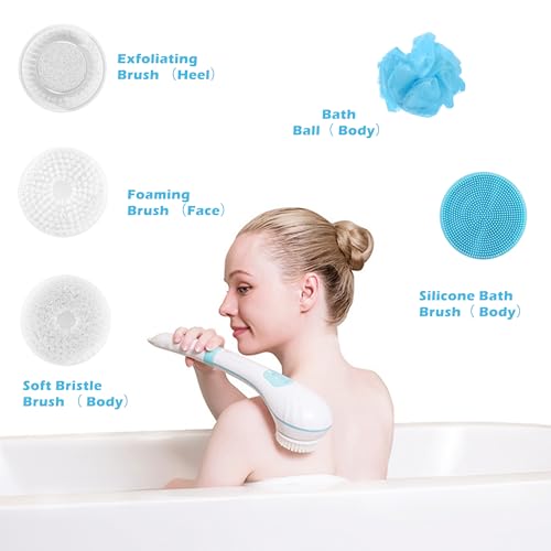 XUBX Cepillo De Ducha Corporal Eléctrico Cepillo Corporal, Multifunción Con 5 Puntas Exfoliantes IPX7 Impermeable, Masaje Rotatorio, Para Exfoliación, Limpieza De Cutis y Masaje, Cepillo Facial - imagen 6