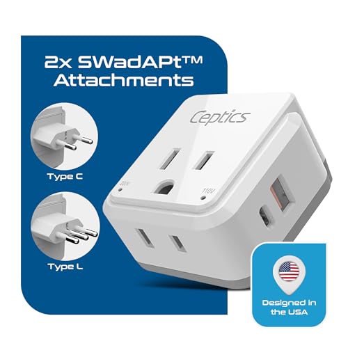 Image of Ceptics Travel Adapter India to Chile, Rome, Italy Travel Plug Adapter Set, Chile Plug Adapter USB-USB-C 20W PD-QC 18W, 2 Outlet, Italy Plug Adapter for Lybia, Uruguay Includes Type C, L, PAK-IT