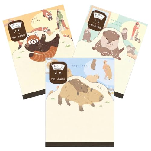 Kawaii Animal Mini Memo Pads Set of 3 - Cute Capybara, Red Panda, and Otter - Delightful Japanese Stationery for Journaling, School Supplies, and Daily Notes - Gift for Animal Lovers & Stationery Addicts