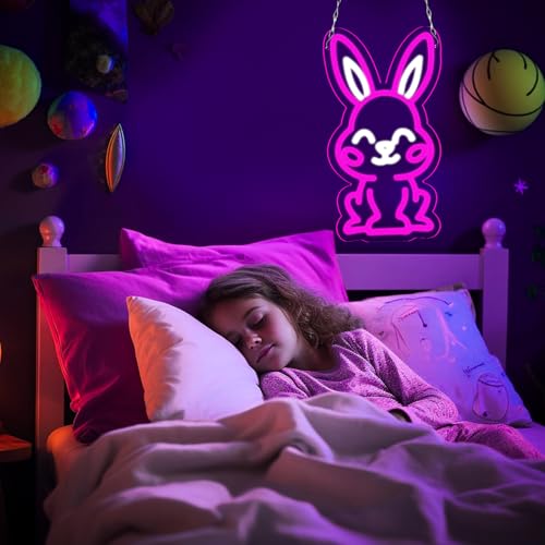 Image of Easter Rabbit Neon Sign for Wall Decor,Dimmable Led Pink Rabbit Neon Signs, USB Powered Rabbit Neon Lights for Children's Room Decoration, Easter Gifts, Birthday Parties Gift
