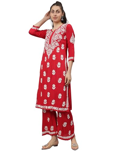 Image of Seva Chikan Hand Embroidered Lucknowi Chikankari Rayon Kurta and Palazzo Set SCL8037