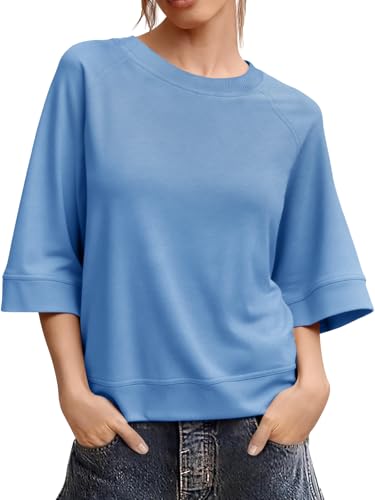 Image of Tankaneo Womens Oversized Half Sleeve T-Shirts Crew Neck Boxy Basic Tees Tops Summer Casual Loose Fit Tunic Shirts