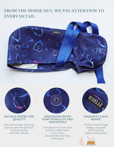 Ponytail-Scrub-Cap-for-Women--Blue-Heart-Surgical-Cap-with-Buttons-Sweatband-Double-Sided-Print-Adjustable-Surgical-Hat-for-Women-to-Secure-Long-Hair-and-Helps-Reduce-Static-Buildup