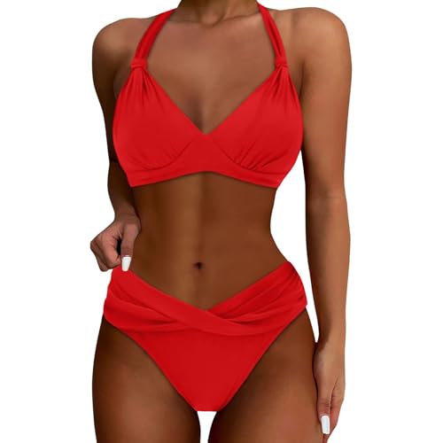 MODSGUE Trajes de baño de dos piezas para mujer, bikini push up, traje de baño con cuello halter, traje de baño vintage, bikini cómodo, ropa de baño, ropa de playa, Rojo A., XXL