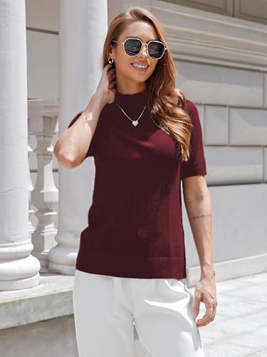 Image of Short Sleeve Mock Neck Turtleneck Sweater Tops Knit T Shirts Capsule Wardrobe Essentials