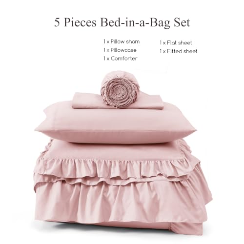 Image of Twin XL Comforter Set Soft Pink Ruffle 5 Pieces Bed in a Bag for Dorm | Farmhouse Shabby Chic Fluffy Bedding Sets with Sheets, Pillowcase & Sham