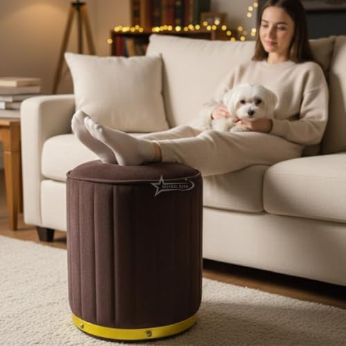 Image of Upholstered Round Linen Strip Stool Living Room Foot Rest Office Stool Pouf Ottoman Padded Seat - Brown