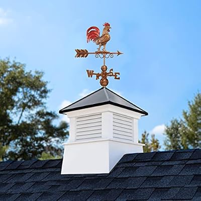30" Square Manchester Vinyl Cupola with Black Aluminum roof and Copper Bantam Red Rooster Weathervane by Good Directions