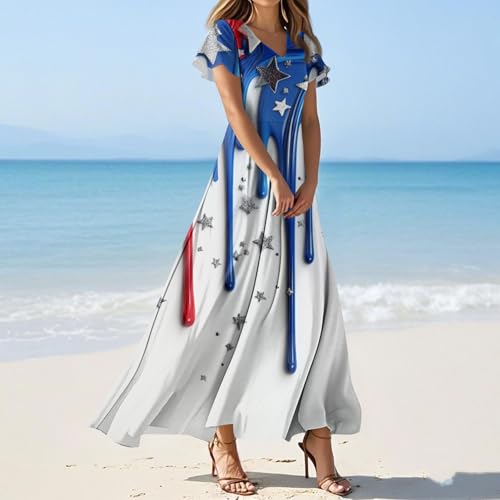 TWGONE Fourth of July Dresses for Women American Flag Patriotic High Waist Short Sleeve Maxi Summer Beach Dresses 20252