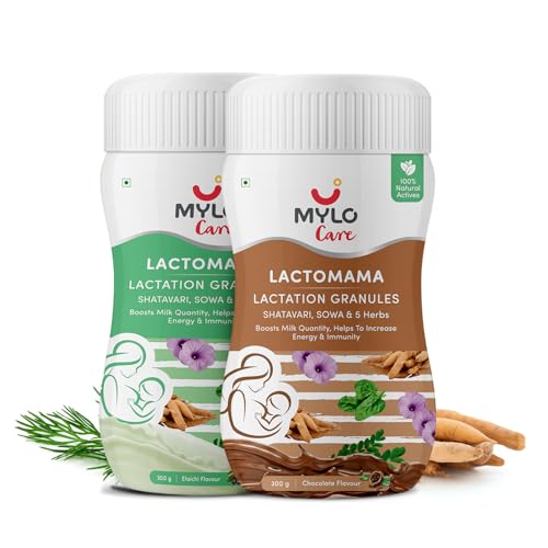 Image of Mylo Lactomama Granules - Lactation Supplement for breastfeeding with Shatavari to Increase Breast Milk (Chocolate & Elaichi - 300 g each) | With Herbs like Moringa, Sowa & 5 Others | 2 Scoops per Serving (Pack of 2, Chocolate & Elaichi)