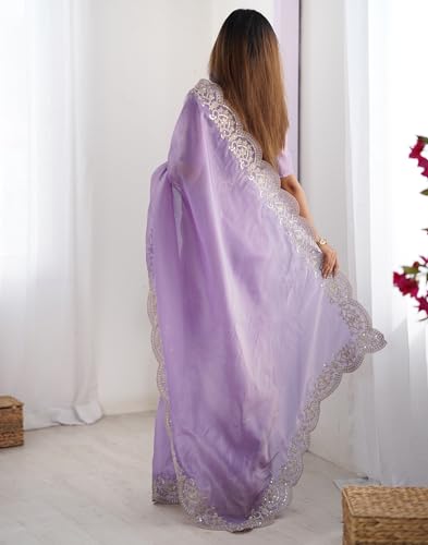 Image of SIRIL Women's Tissue Silk Sequence Embroidery Border Saree With Unstitched Blouse Piece