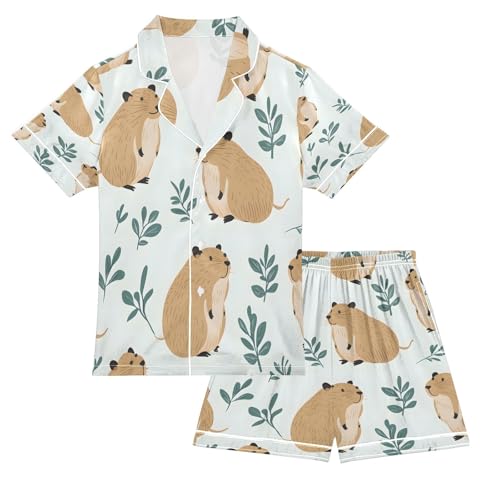 senya Pajama Sets Silky Button Down Nightwear Sleepwear Size 5-14 Years Green Leaves Capybara