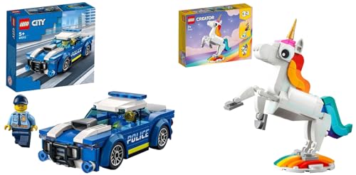 Image of LEGO Creator Magical Unicorn 31140 Building Toy Set (145 Pieces), Multi Color City Police Car 60312 Building Kit (94 Pcs),Multicolor