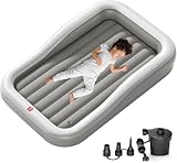 QPAU Larger Inflatable Toddler Travel Bed, Portable Kids Air Mattress with Built-in Bumpers, Fast Electric Pump, Separate Mattress Design, for Home, Grandma's, Camping, and Vacation, Grey