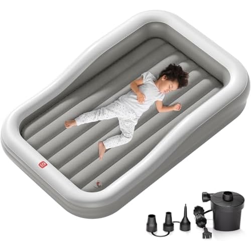 QPAU Larger Inflatable Toddler Travel Bed, Portable Kids Air Mattress with Built-in Bumpers, Fast Electric Pump, Separate Mattress Design, for Home, Grandma’s, Camping, and Vacation, Grey