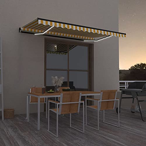 Bulliing Tenda da Sole Retrattile Manuale e LED 450x300 cm Gialla Bianca,Tenda da Sole per Esterno Avvolgibile,Tenda da Sole a Bracci Estensibili con Telaio in Alluminio, Tettuccio Resistente al Sole