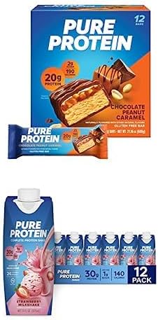 Protein on the Go Bundle Pure Protein Bars, Chocolate Peanut Caramel, 1.76oz, 12 unidades + Pure Protein Strawberry Milkshake Protein Shake,